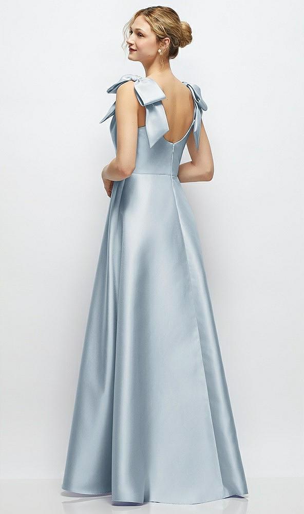 deep v-neck satin ball gown with shoulder bows