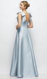 deep v-neck satin ball gown with shoulder bows