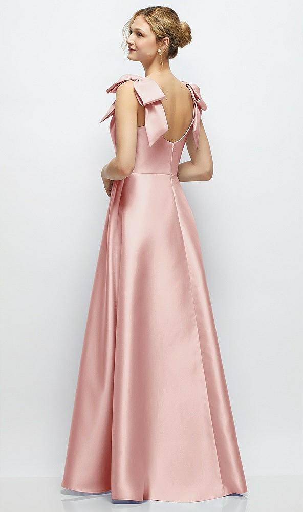 deep v-neck satin ball gown with shoulder bows