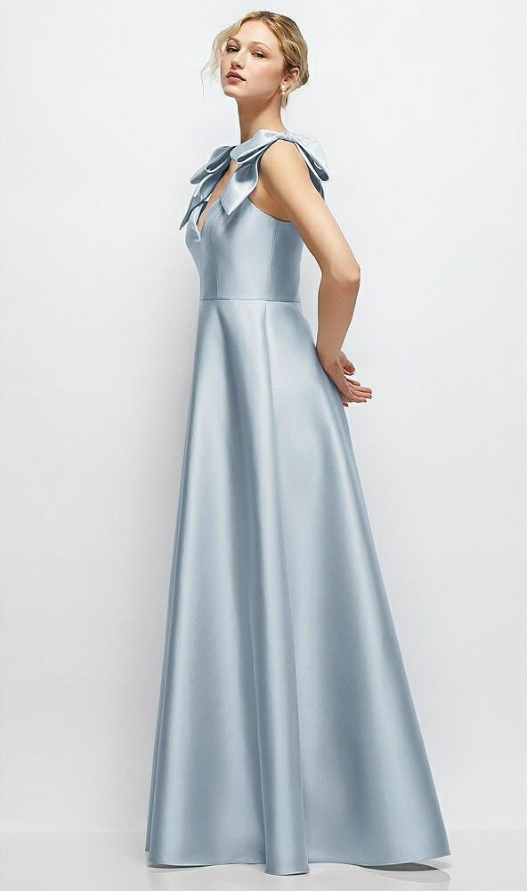 deep v-neck satin ball gown with shoulder bows