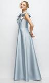 deep v-neck satin ball gown with shoulder bows
