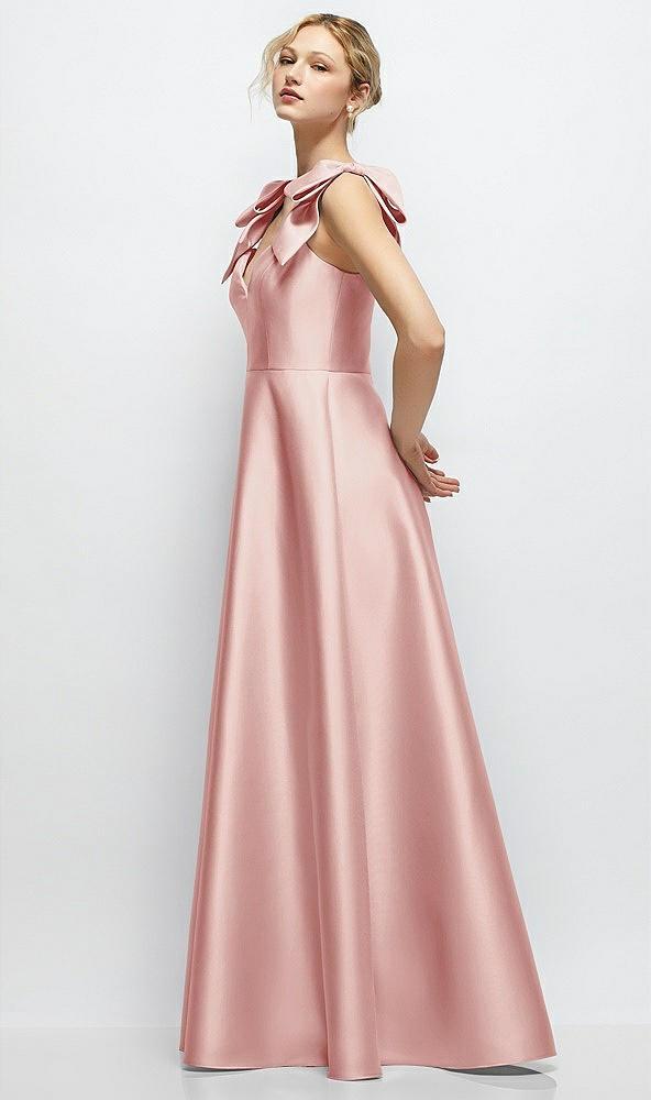 deep v-neck satin ball gown with shoulder bows