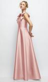 deep v-neck satin ball gown with shoulder bows