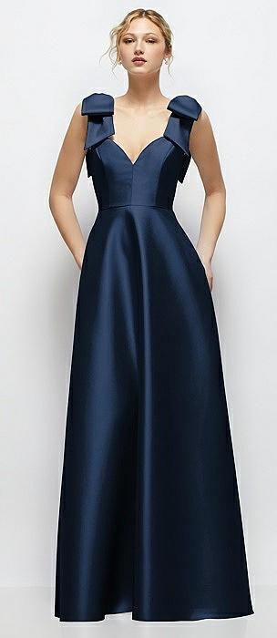 deep v-neck satin ball gown with shoulder bows