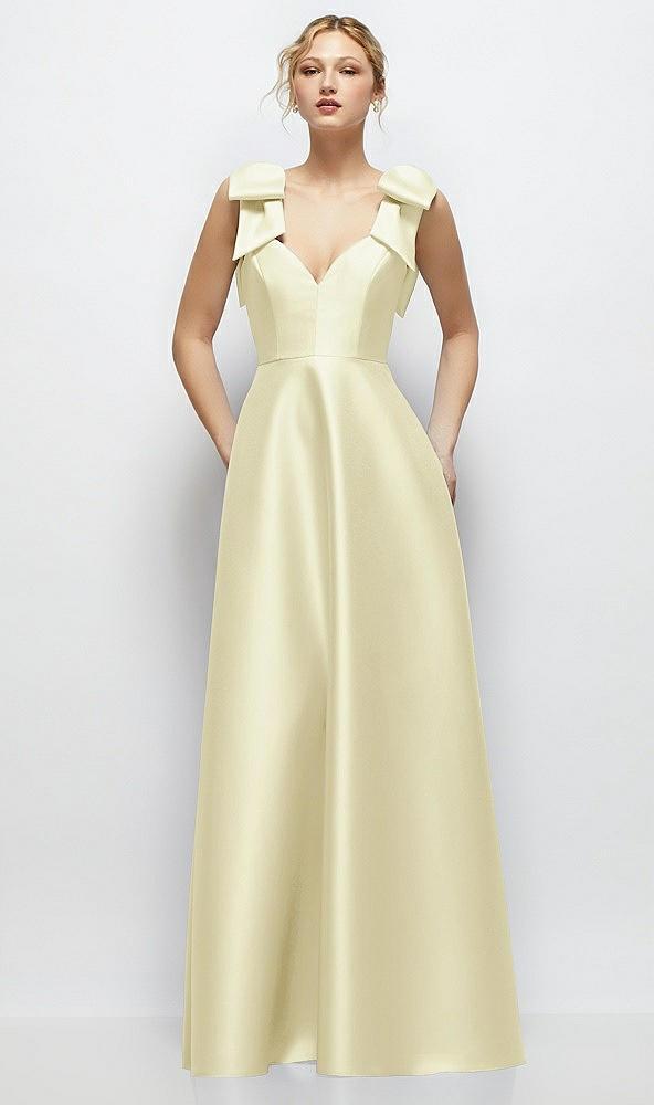 deep v-neck satin ball gown with shoulder bows
