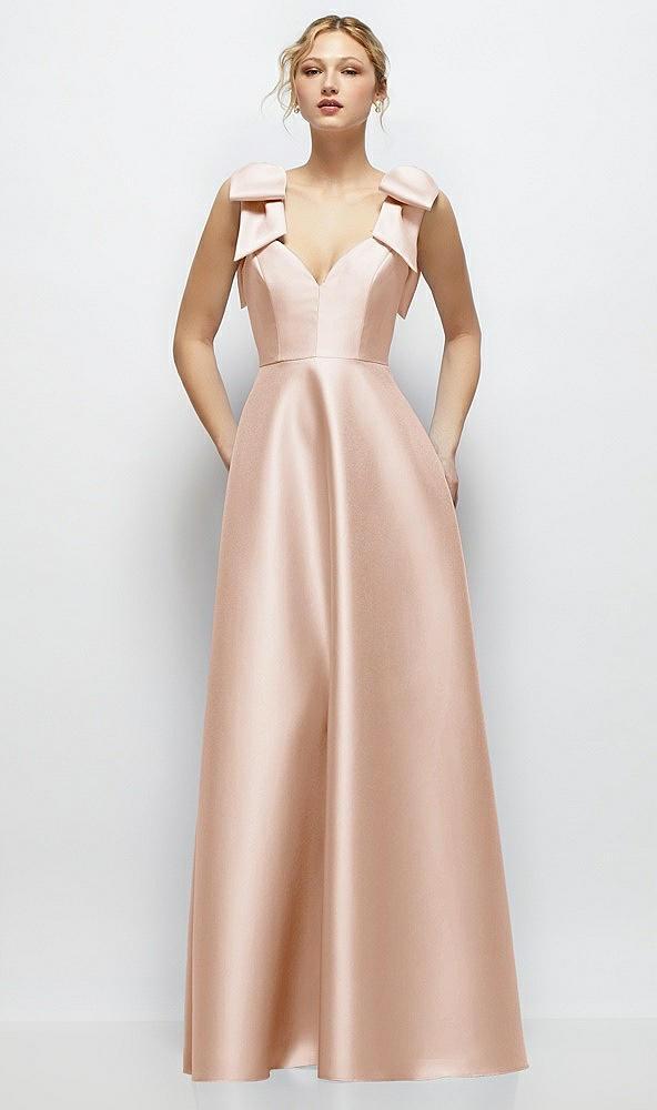 deep v-neck satin ball gown with shoulder bows