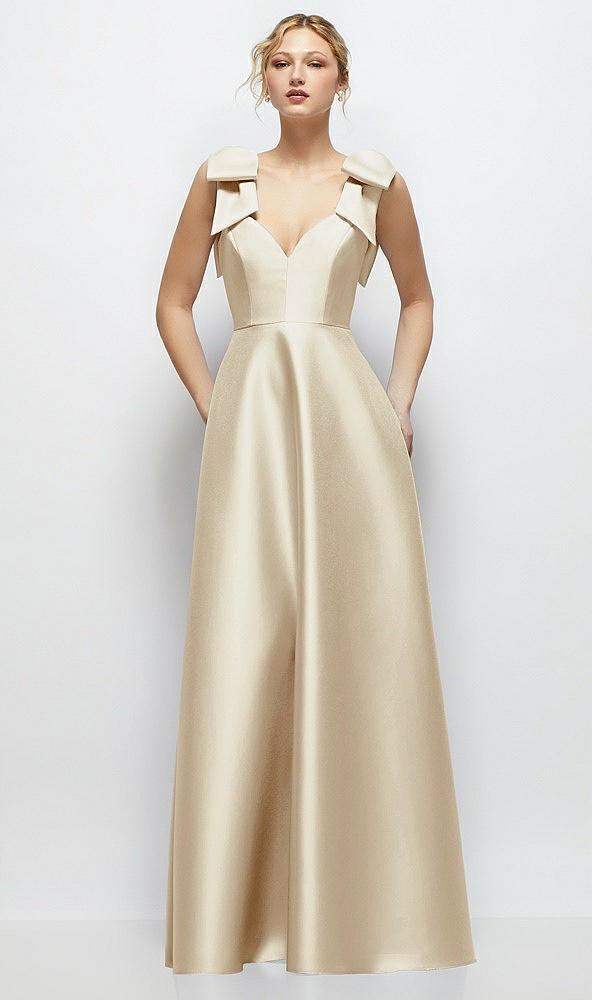 deep v-neck satin ball gown with shoulder bows