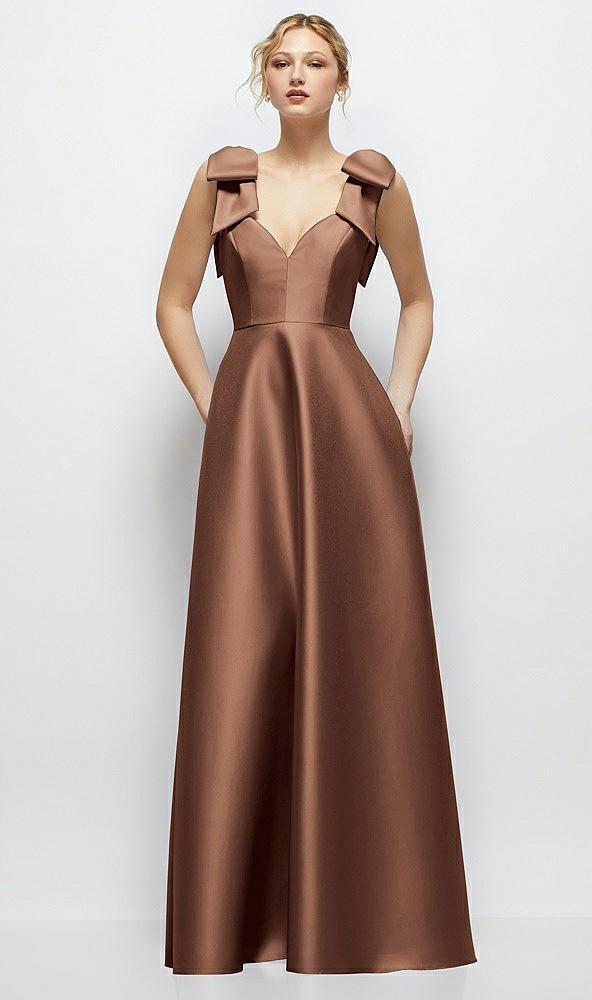 deep v-neck satin ball gown with shoulder bows