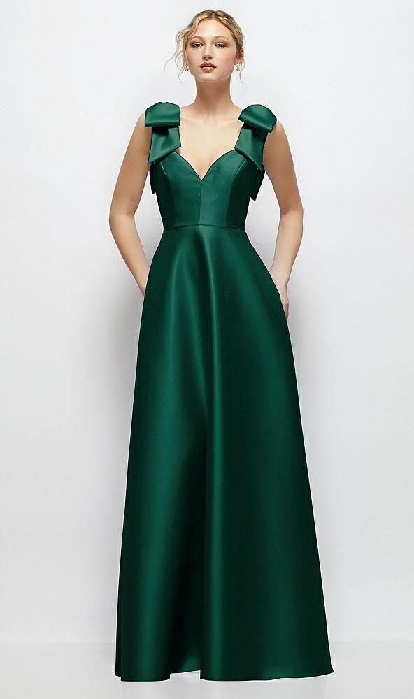 deep v-neck satin ball gown with shoulder bows