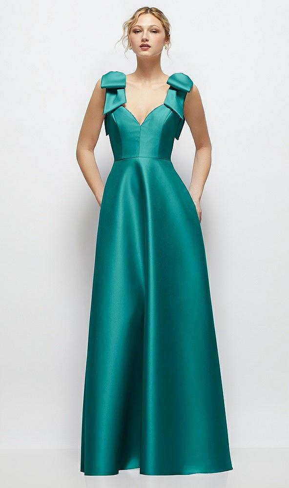 deep v-neck satin ball gown with shoulder bows