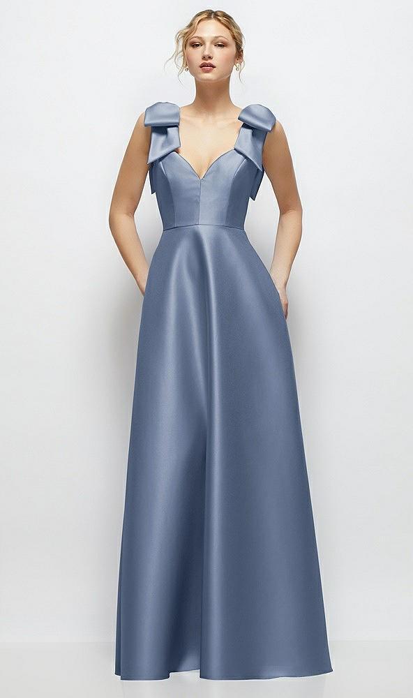 deep v-neck satin ball gown with shoulder bows