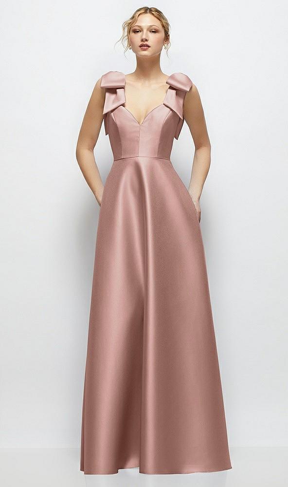 deep v-neck satin ball gown with shoulder bows