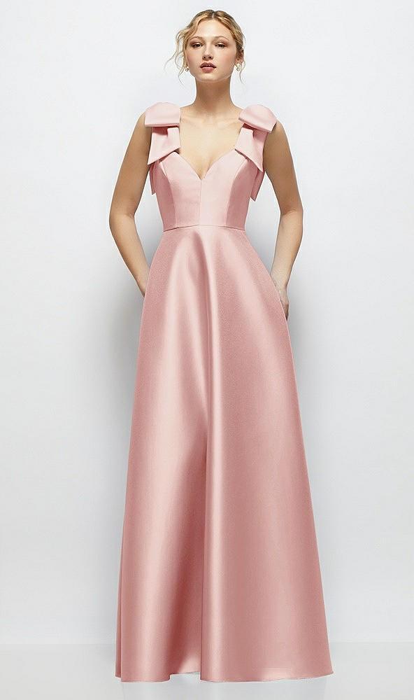 deep v-neck satin ball gown with shoulder bows