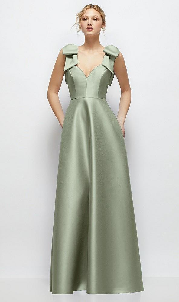 deep v-neck satin ball gown with shoulder bows