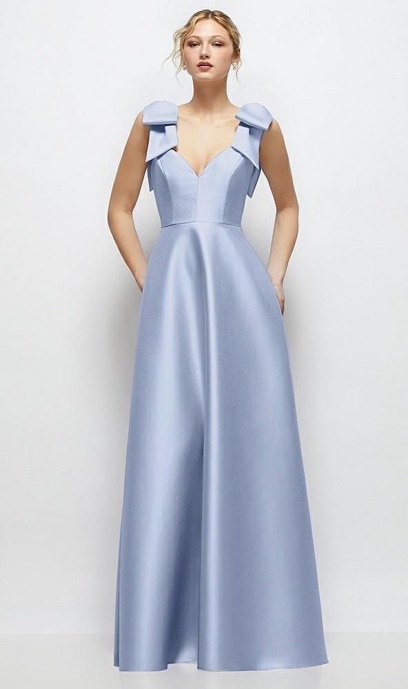 deep v-neck satin ball gown with shoulder bows