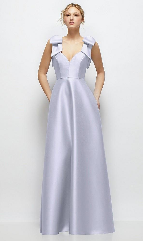 deep v-neck satin ball gown with shoulder bows
