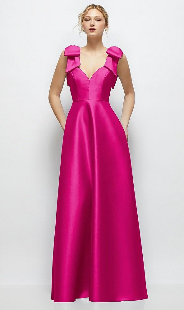 deep v-neck satin ball gown with shoulder bows