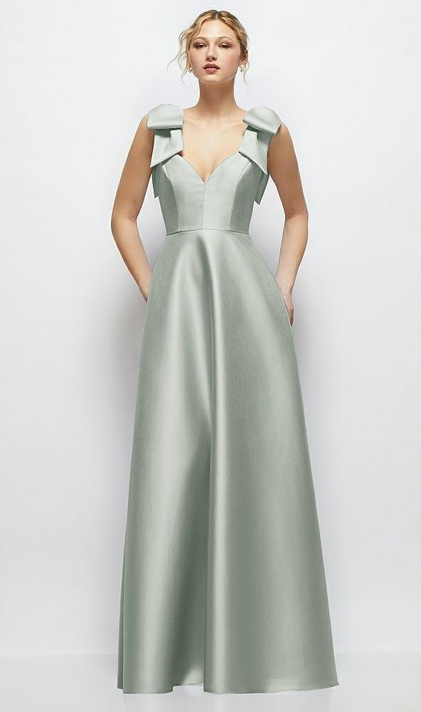 deep v-neck satin ball gown with shoulder bows