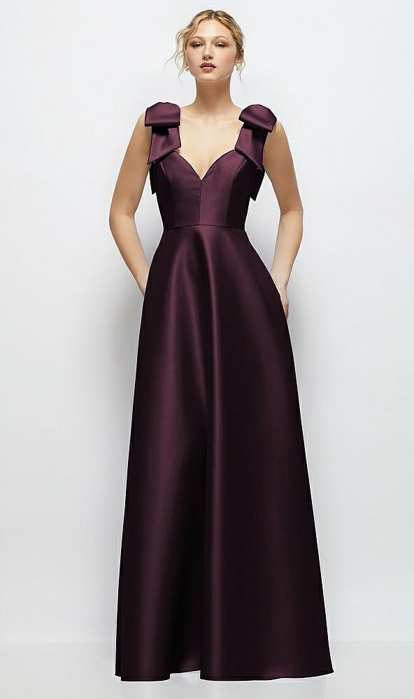 deep v-neck satin ball gown with shoulder bows