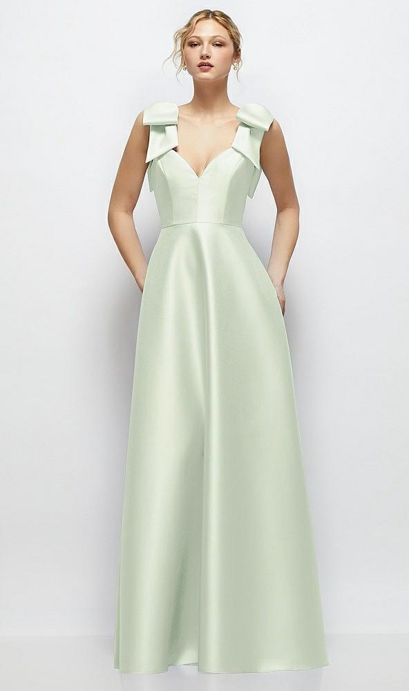 deep v-neck satin ball gown with shoulder bows