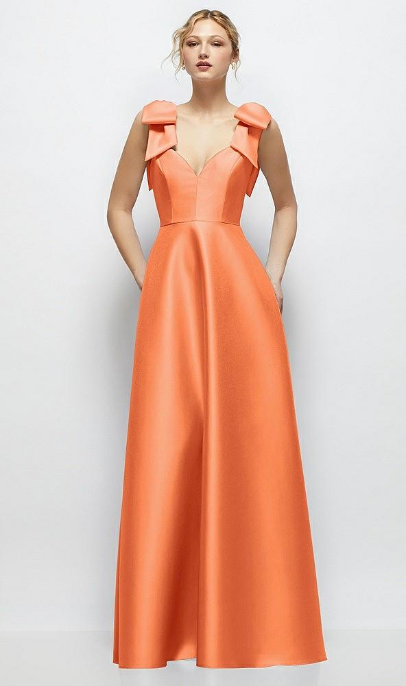 deep v-neck satin ball gown with shoulder bows