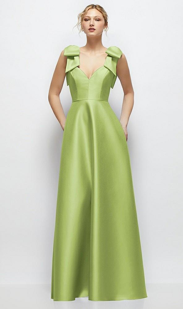 deep v-neck satin ball gown with shoulder bows