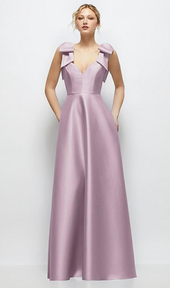 deep v-neck satin ball gown with shoulder bows