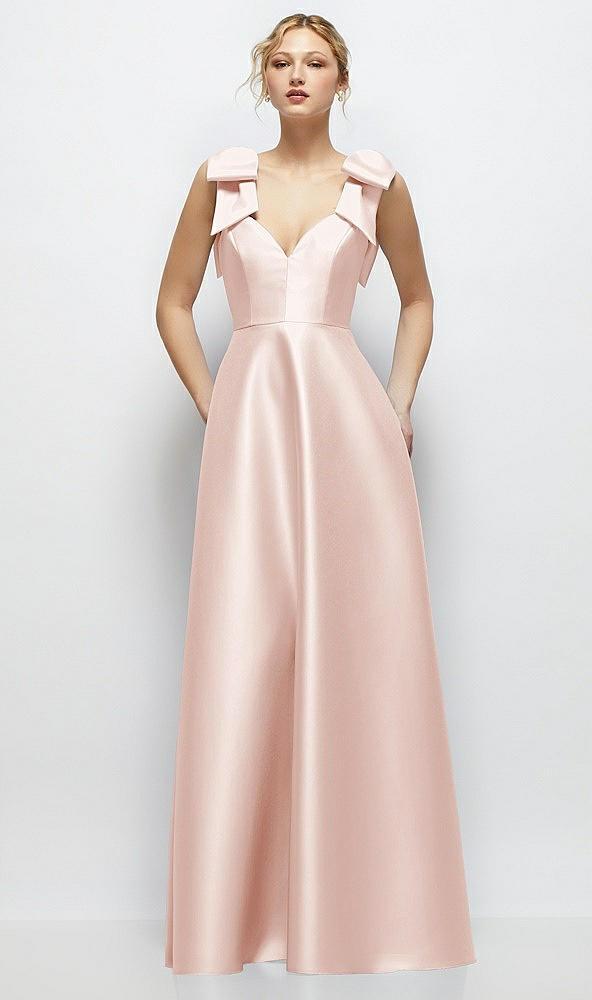 deep v-neck satin ball gown with shoulder bows