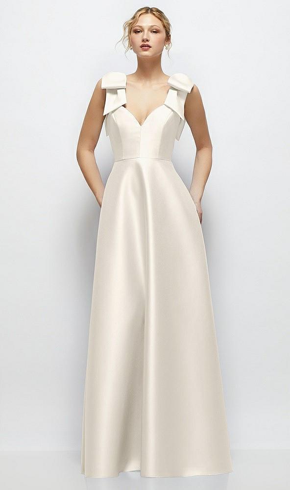 deep v-neck satin ball gown with shoulder bows