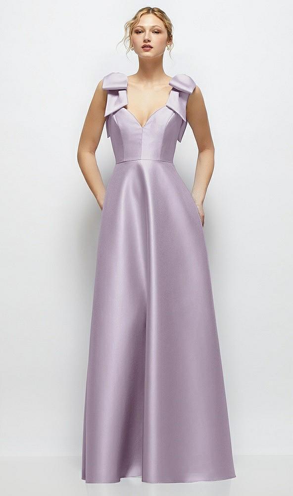 deep v-neck satin ball gown with shoulder bows