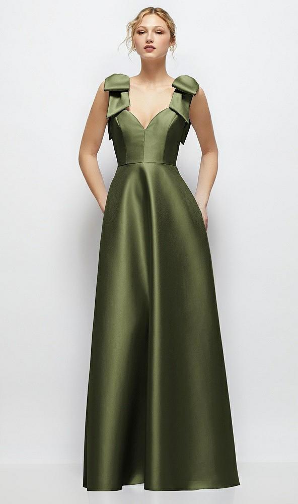 deep v-neck satin ball gown with shoulder bows