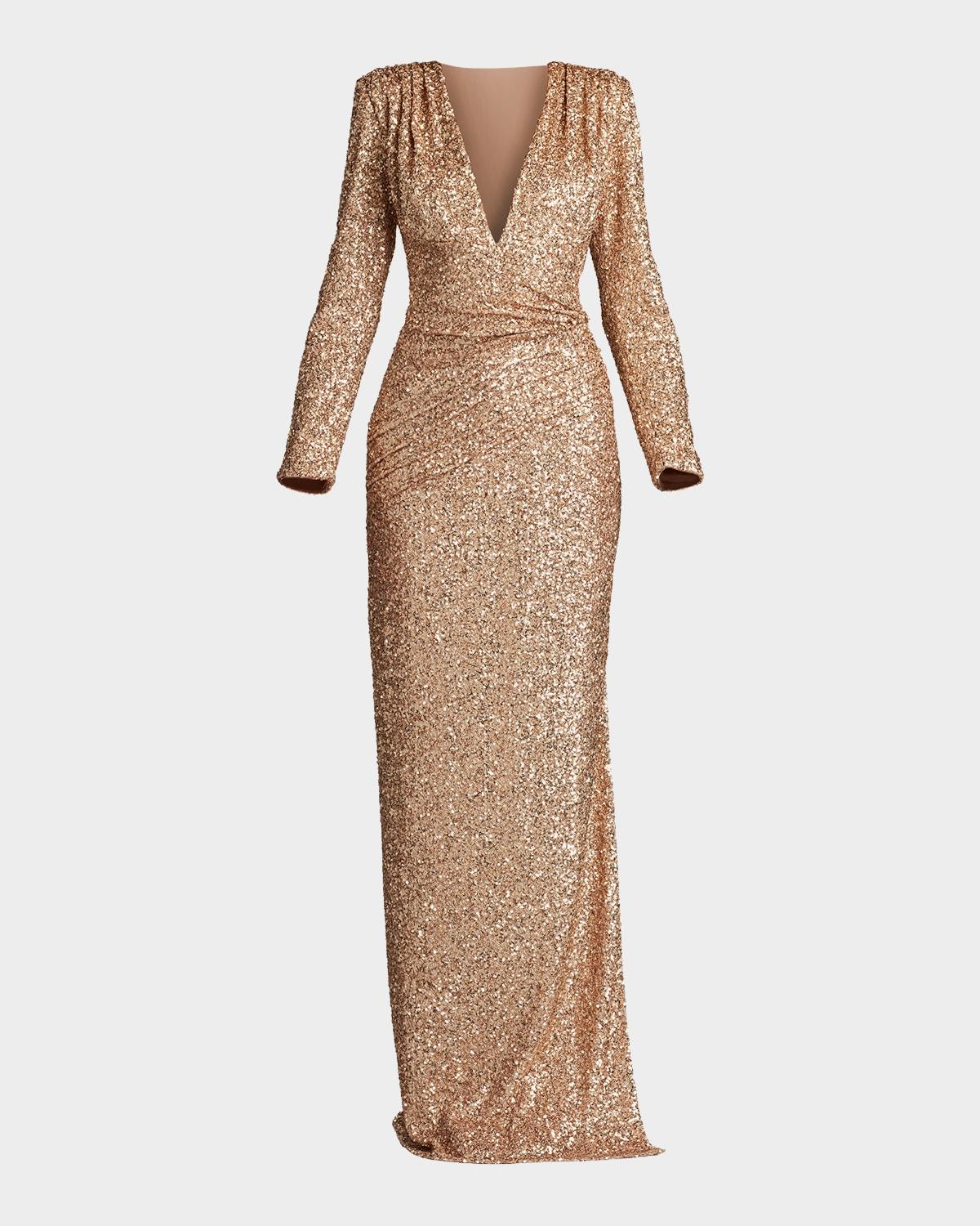 deep v-neck sequin column gown