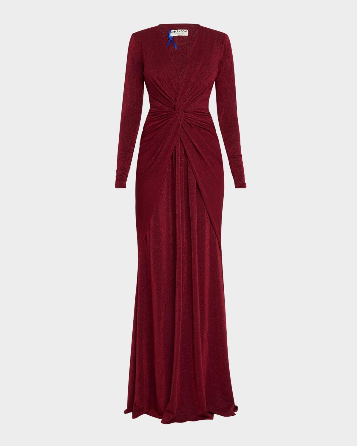 deep v-neck shimmer twist gown