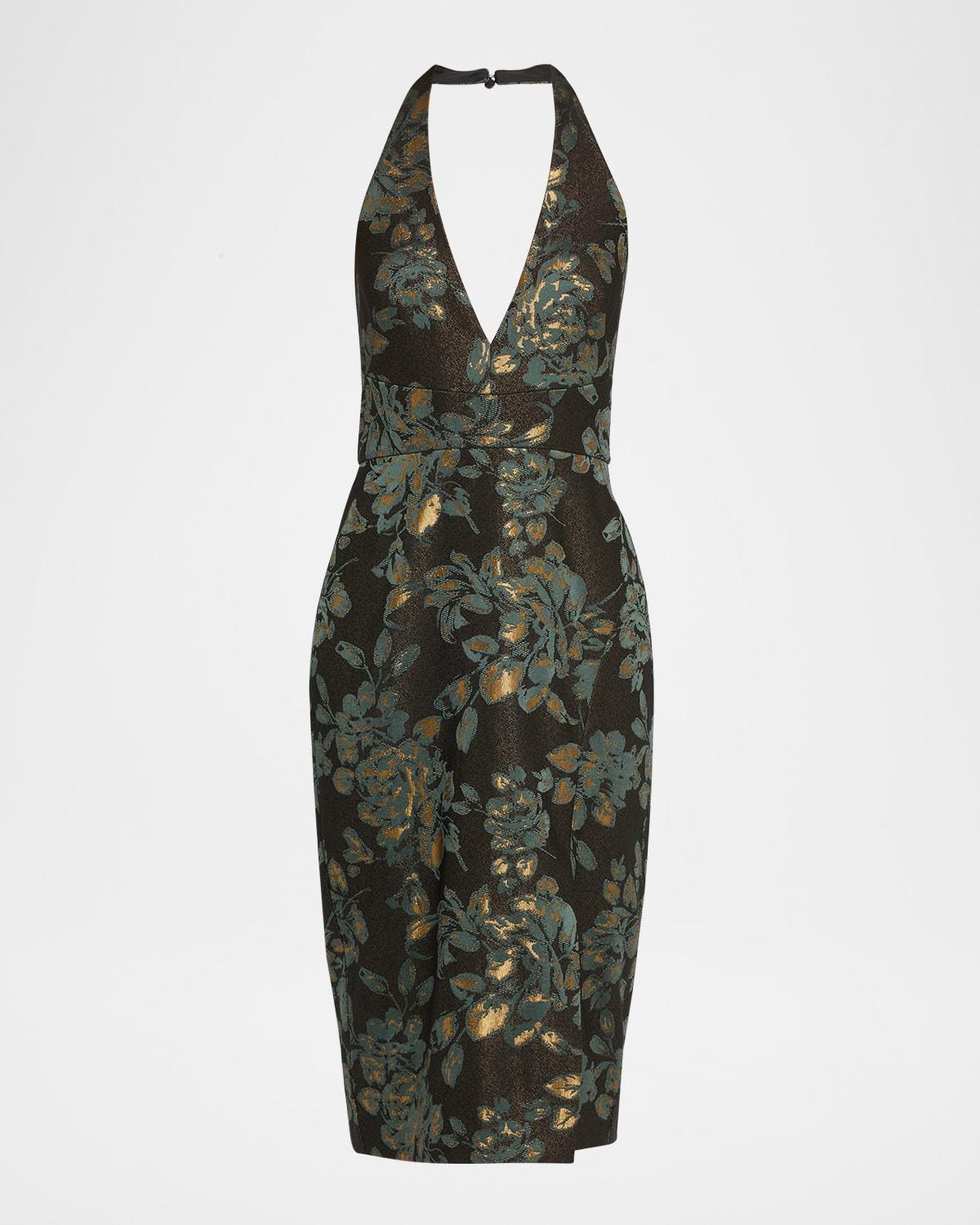 deep v-neck stretch jacquard sheath midi dress