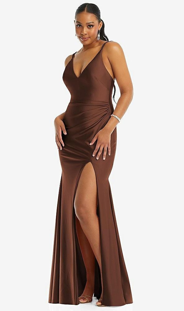 deep v-neck stretch satin mermaid dress with slight train