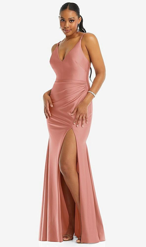 deep v-neck stretch satin mermaid dress with slight train