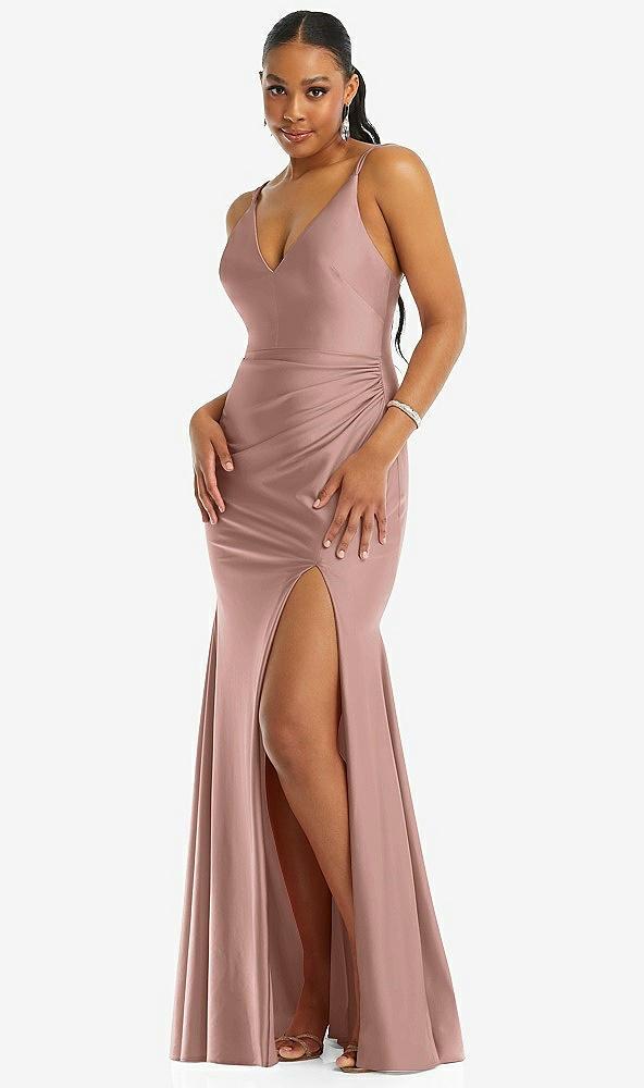 deep v-neck stretch satin mermaid dress with slight train