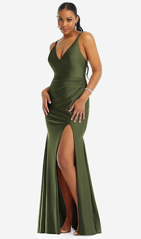 deep v-neck stretch satin mermaid dress with slight train