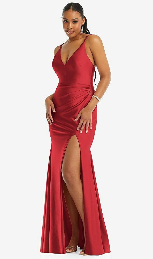 deep v-neck stretch satin mermaid dress with slight train