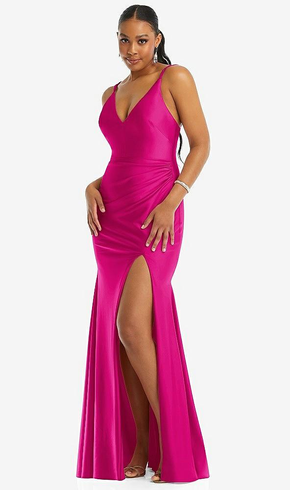 deep v-neck stretch satin mermaid dress with slight train