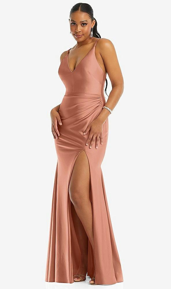 deep v-neck stretch satin mermaid dress with slight train