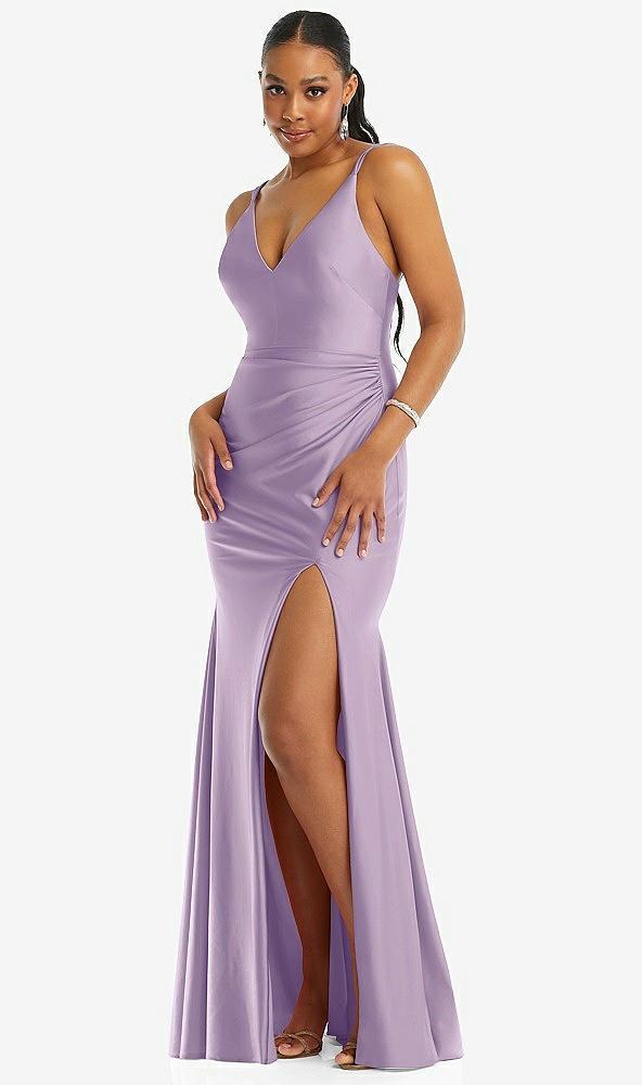 deep v-neck stretch satin mermaid dress with slight train
