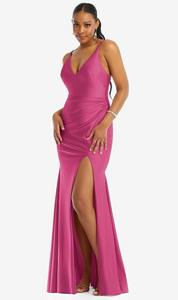 deep v-neck stretch satin mermaid dress with slight train