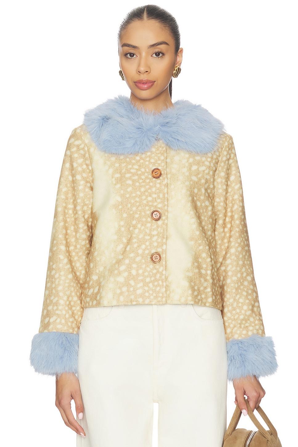 deer print jacket with blue fur trims