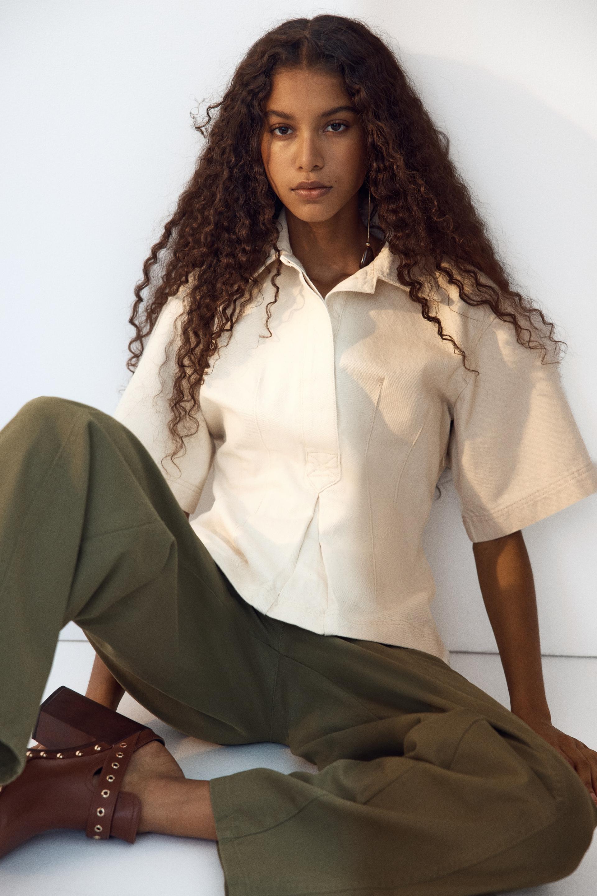 defined-waist denim shirt