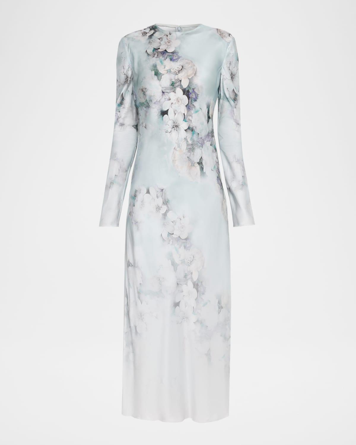 degrade floral print washed satin long-sleeve gown