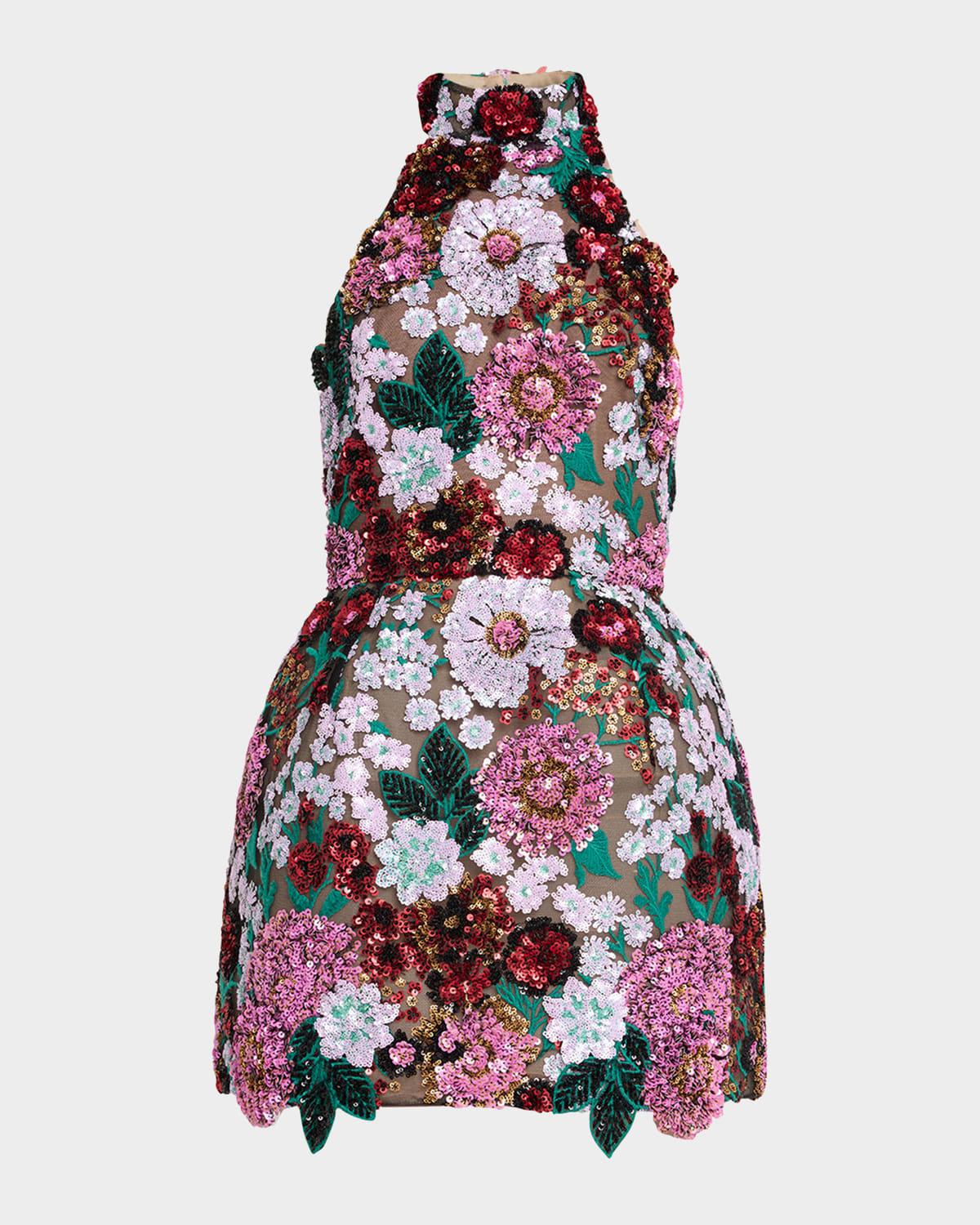 deirdre sequin embroidered halter mini dress