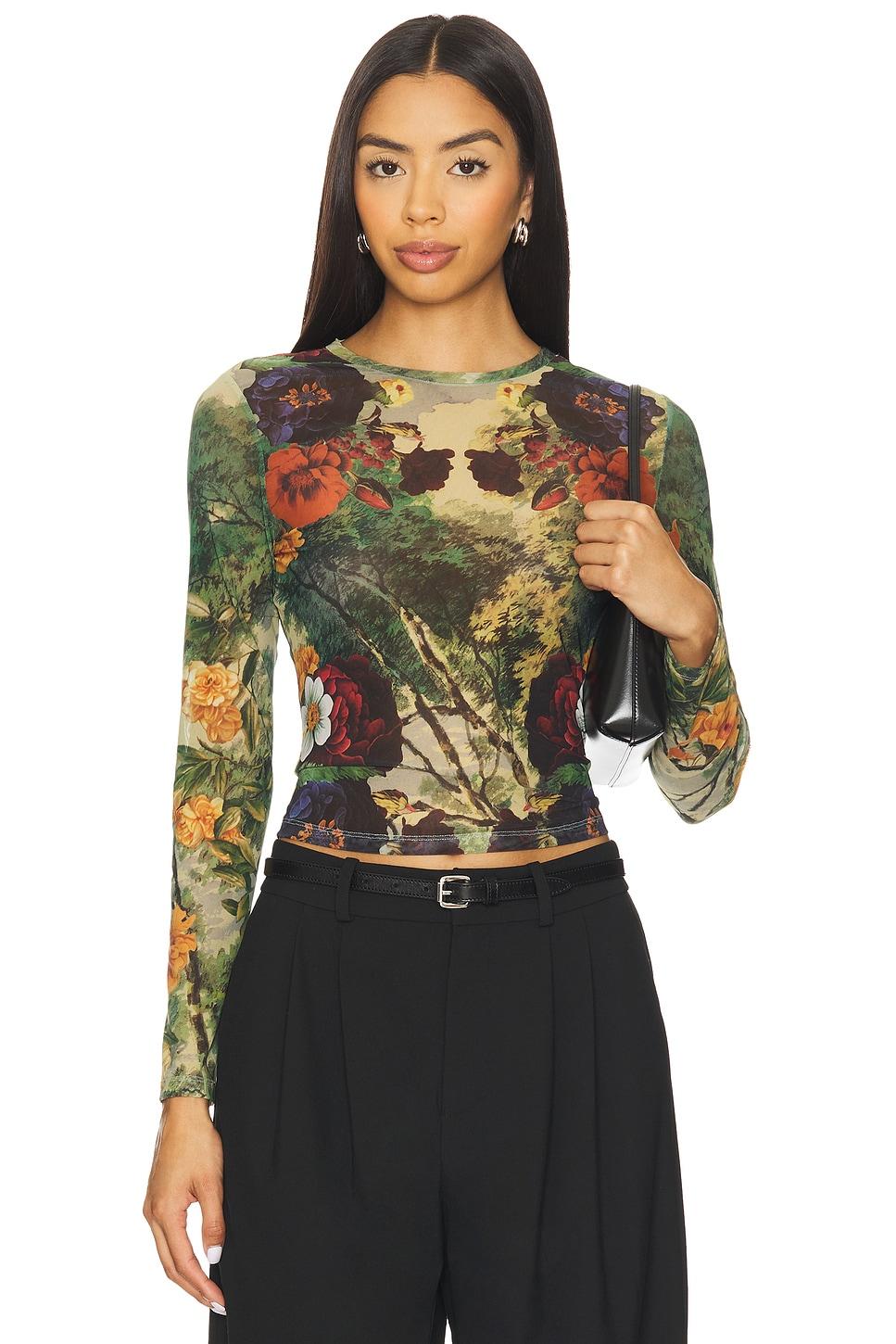 delaina printed mesh long sleeve crop top