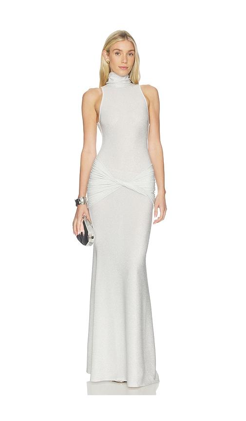 delfi roya dress in metallic silver.