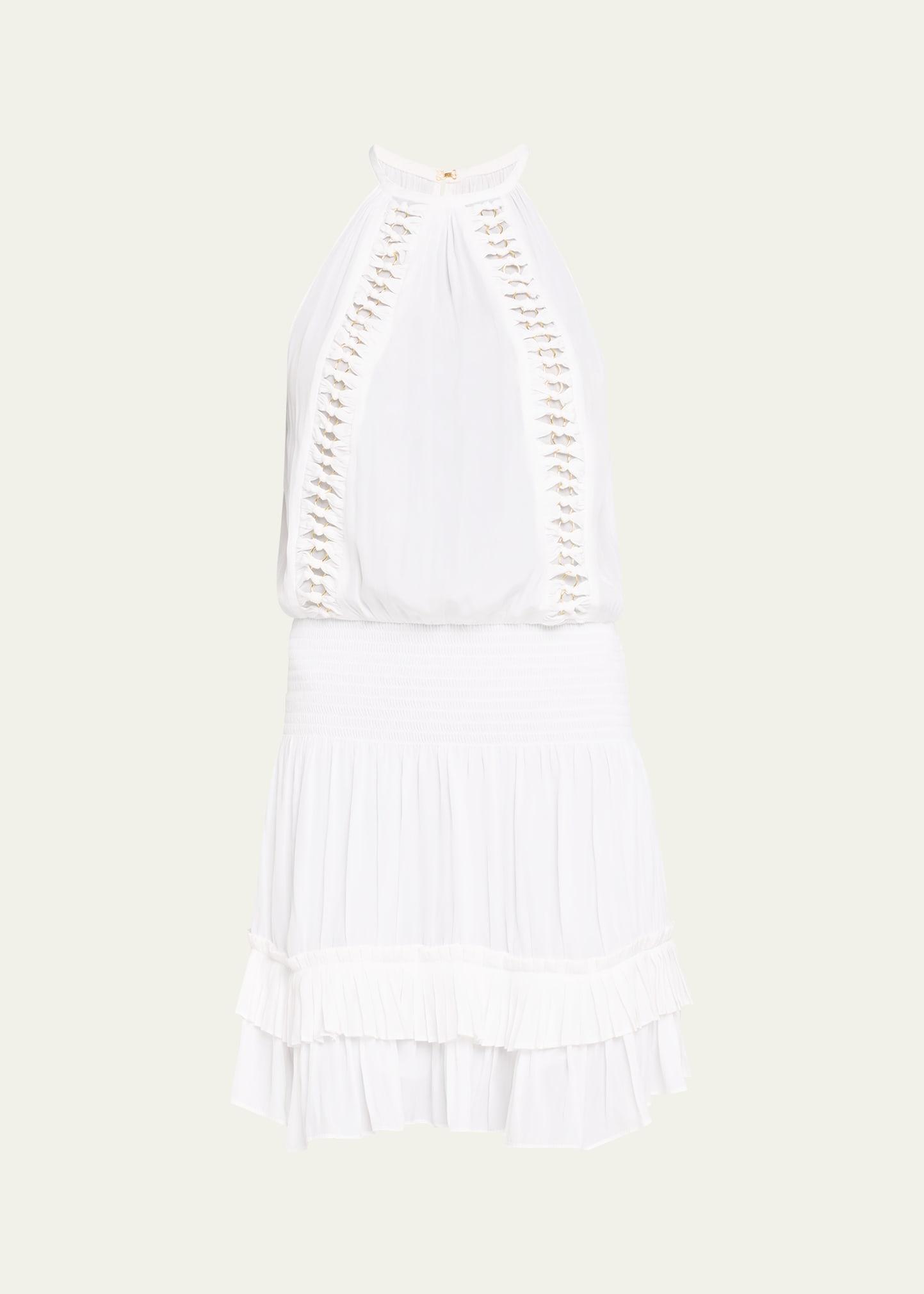 delfina embellished smocked halter mini dress